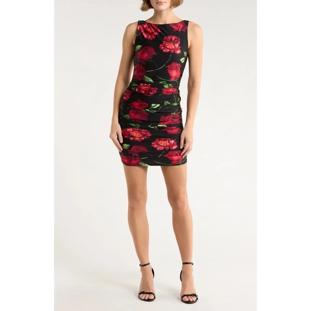 New AFRM LOS ANGELES Leila Shiny Knit Bodycon Dress in Black Floral Size S